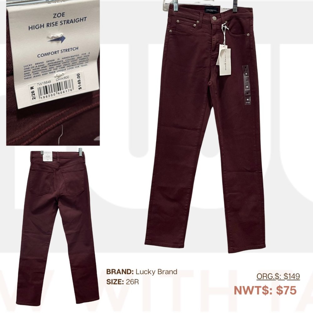 Lucky Brand, Zoe High Rise Maroon Pants, 26R, NWT